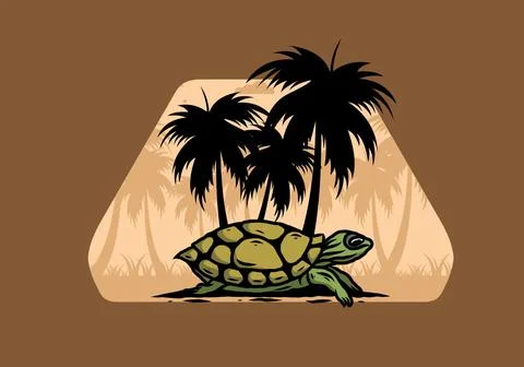 Sea turtle under the coconut tree illustration Stock Illustration