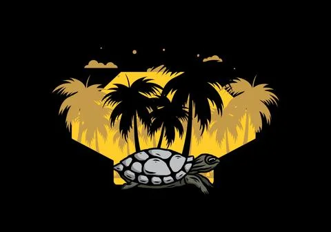 Sea turtle under the coconut tree illustration Stock Illustration