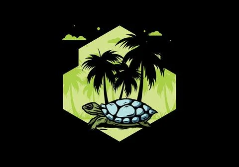 Sea turtle under the coconut tree illustration Stock Illustration