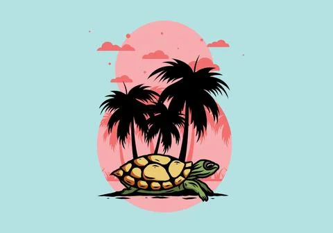 Sea turtle under the coconut tree illustration Stock Illustration