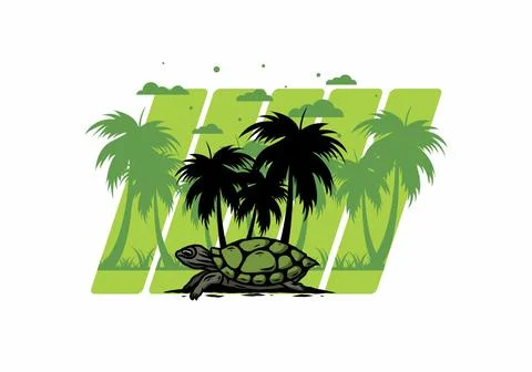 Sea turtle under the coconut tree illustration Stock Illustration