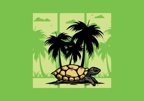 Sea turtle under the coconut tree illustration イラスト素材