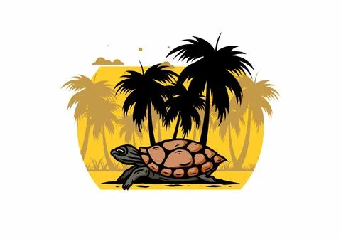 Sea turtle under the coconut tree illustration Stockillustratie