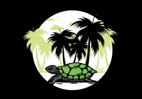 Sea turtle under the coconut tree illustration Stockillustratie