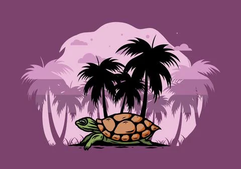 Sea turtle under the coconut tree illustration Stock Illustration