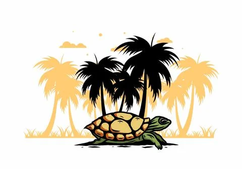 Sea turtle under the coconut tree illustration Stock Illustration