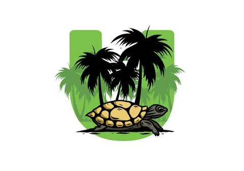 Sea turtle under the coconut tree illustration Stock Illustration