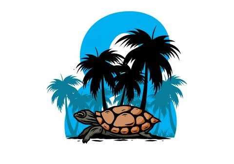 Sea turtle under the coconut tree illustration Stock Illustration