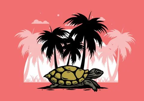 Sea turtle under the coconut tree illustration イラスト素材
