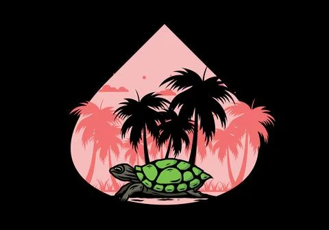 Sea turtle under the coconut tree illustration Stock Illustration