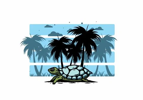 Sea turtle under the coconut tree illustration Stock Illustration