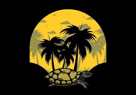Sea turtle under the coconut tree illustration Stock Illustration