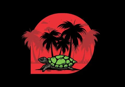 Sea turtle under the coconut tree illustration Stockillustratie