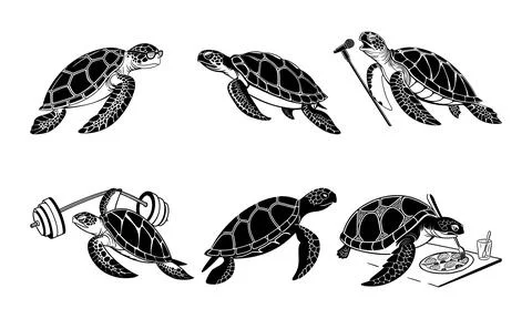 Sea turtles performing various activities black and white animals reptiles .. イラスト素材