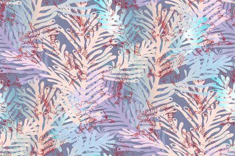 Sea vector seamless pattern with doodle goldfish of continuous line. Stock Illustration