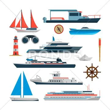 Sea vector set of ships, boats and yacht isolated on white. Marine icons Stock Illustration