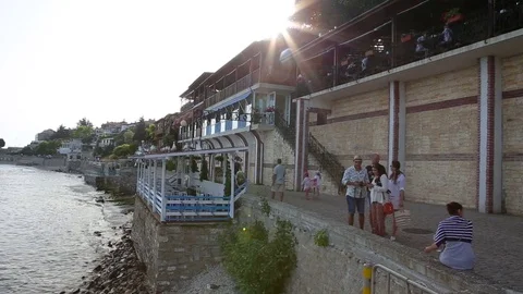 Sea view and empty cafe on promenade Video stock 76054350