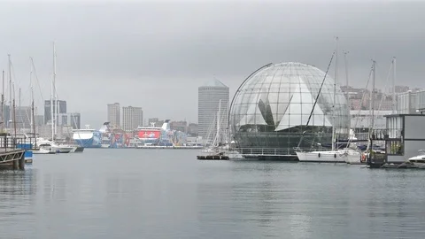 Sea view and part of the construction of the aquarium in the Old Port of Geno Stock Footage 108103448