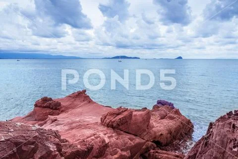 Sea view, beach and pink stone. Tourist Attraction Stock Photos