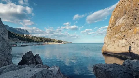 Sea view between the cliffs in Yalta Stock Footage 313109496