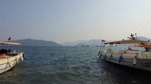 Sea view between two boats, Marmaris Turkey Stock Footage 82393813