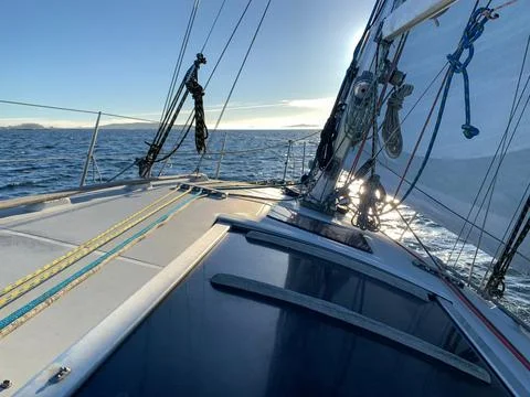 Sea view from the deck of a white sailing yacht, cruise travel concept, sea v Stock Photos
