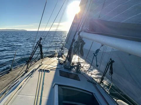 Sea view from the deck of a white sailing yacht, cruise travel concept, sea v Stock Photos