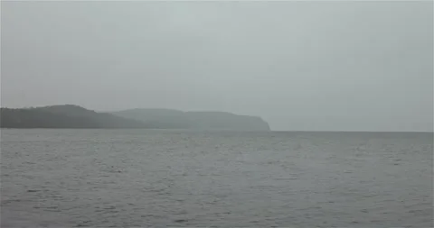 Sea View with Distant Cliffs and Passing Seagull Stock-Footage 297580296