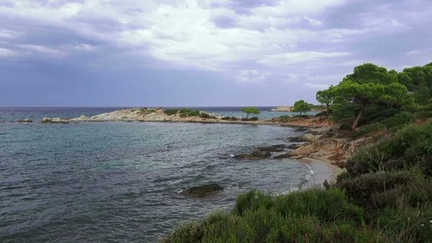 Sea view in front of a thunder-storm, Greece, Halkidiki Stock Footage 97149477