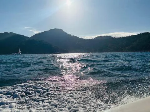 Sea View with Mountains in the Background Stock Photos