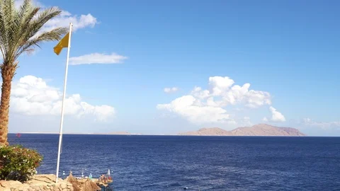 Sea view on the nice summer day blue sky with small clouds, clean blue sea water Stock Footage 105686231