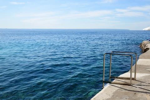 The sea view terrace and beach ladder, Mallorca, Spain Stock Photos