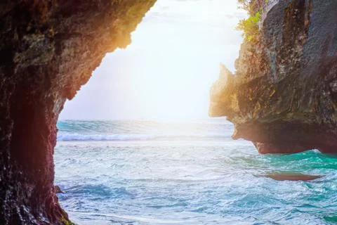 Sea view through the cliffs. Stock Photos