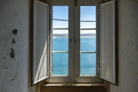 Sea View Through an Open Window at Sao Miguel Arcanjo, Nazare Stock Photos