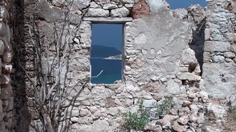 Sea view through window of ruins Stock Footage 26914336