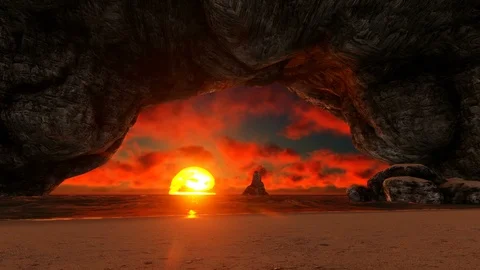 Sea view trough rocks at sunset Stock Footage 87019332