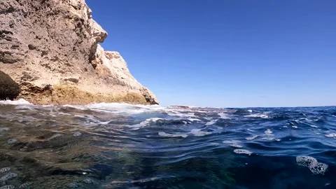 Sea view waves crash on rocks. Mallorca, Spain. Slow motion 4K Video stock 253400785