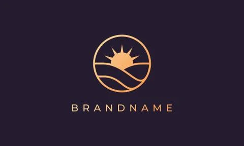 Sea wave and sun in a circle with a gold line art style suitable for logo and Stock Illustration