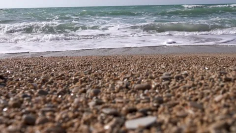 Sea wave on the beach, Sea shells with white high waves on the sand 스톡 동영상 208401270