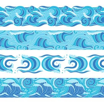 Sea wave blue pattern set border ornament vector Illustrazione stock