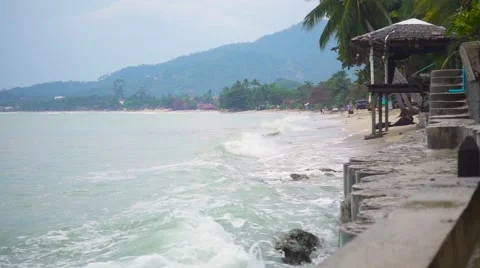 Sea Wave Breaking on Fence on a Coast. Slow Motion Stock Footage 59794016
