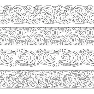 Sea wave doodle pattern set border ornament vector 스톡 일러스트