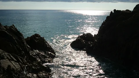 Sea wave hit the rock shore seascape with skyline horizon Stock Footage 90479723