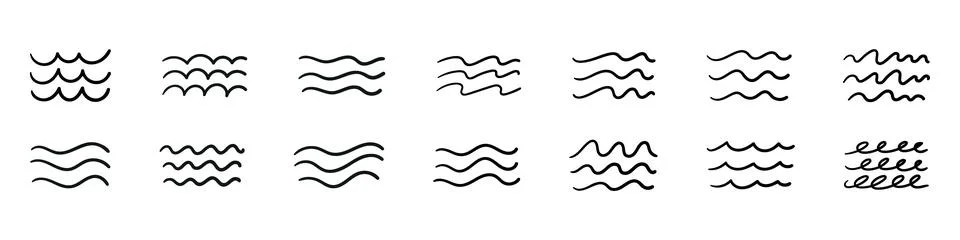 Sea wave pattern with simple water lines and brush strokes. icons of ocean .. Illustrazione stock