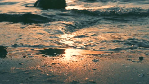 Sea wave on the sand of the beach, close-up view, golden, 4K Stock Footage 90991627
