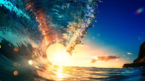 Sea wave surfing ocean lip shorebreak crest in Hawaii Stock Photos