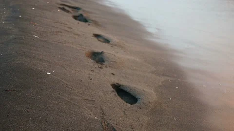 Sea wave washes away the traces on the sand at sunset Stock Footage 123710193