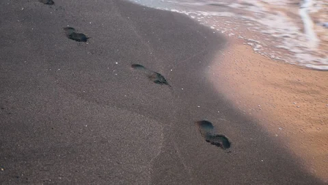 Sea wave washes away the traces on the sand at sunset Vidéo 123710812