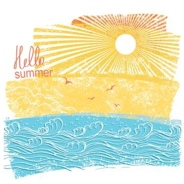 Sea waves and sun. Vector illustration of sea landscape with text Stock Illustration