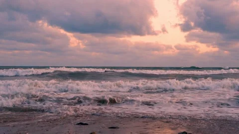 Sea Waves Beautiful Sunset Light Orange Sky Lilac Purple Clouds Sand Beach Super Stock Footage 286430067